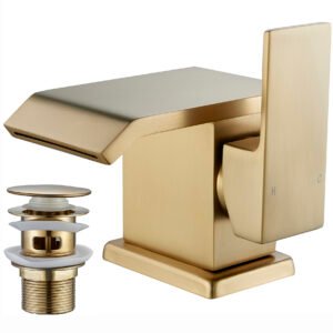 Brushed Gold Waterfall Bathroom Faucet – Single Handle, Brass Body, Wide Spout