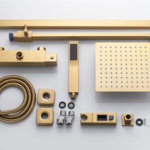 Brushed Gold Thermostatic Shower System – Square Rainfall Head & Handset (Exposed Bar Mixer)