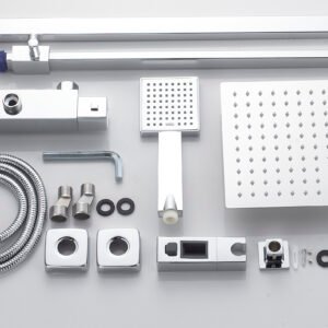 Square Thermostatic Rainfall Shower System with Handset – Chrome, Exposed Bar