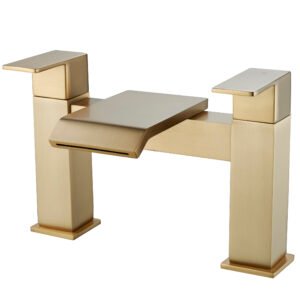 Brushed Gold Waterfall Bath Filler Tap – Modern 3-Hole Deck Mounted
