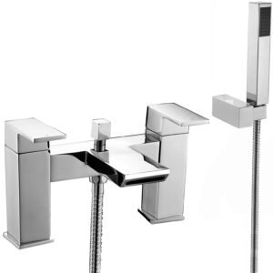 Square Waterfall Bath Shower Mixer Tap with Handset – Chrome, Deck-Mounted