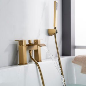 Brushed Gold Waterfall Bath Shower Mixer Tap with Handheld Spray – Deck-Mounted, Dual Lever