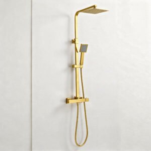 Brushed Gold Thermostatic Shower System – Square Rainfall Head & Handset (Exposed Bar Mixer)